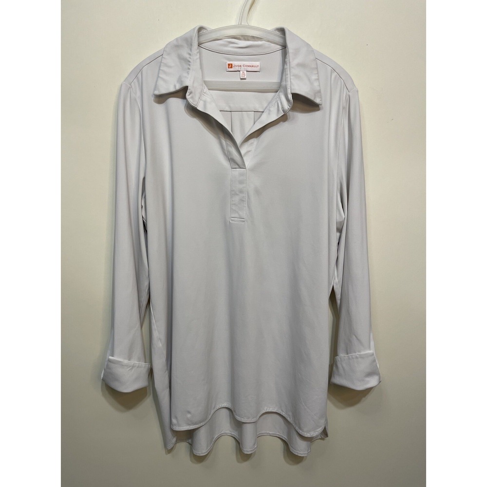 Jude Connally Size XL White V Neck Long Sleeve Top Tunic Collar Nylon Spandex